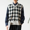 おしゃれ ベスト メンズ レディース 秋冬 ニット プルオーバー Vネック ノースリーブ セーター ソフト ゆったり レトロ カジュアル アーガイル柄 黒 グレ...