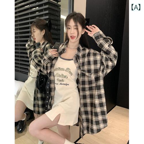 羽織り レディース 長袖 日焼け防止 快適 おしゃれ カジュアル 甘辛 プリント スリム キャミワンピト ルーズ ミドル丈 チェック 柄 シャツ ツーピース 女性 初秋