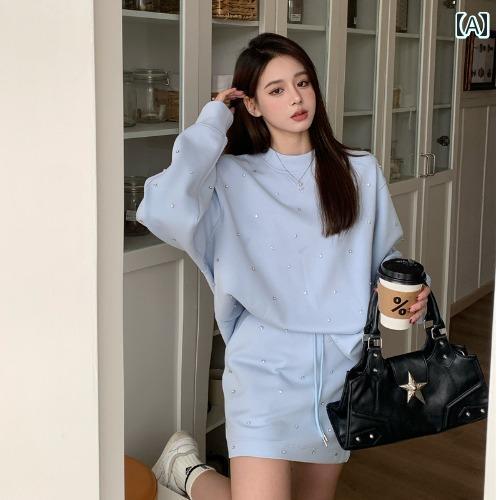 ミニスカート おしゃれ カジュアル レディース ビーズ スウェット ハイウエスト カジュアル スポーティ 上下 女性 春