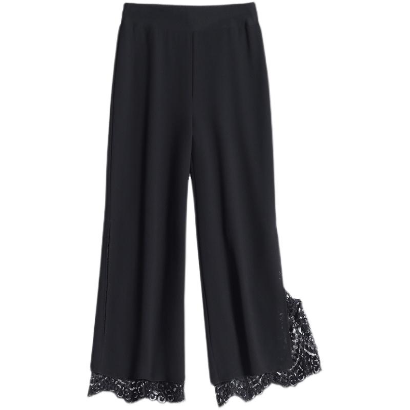 Nylon, Rayon, Polyester - ガウチョパンツ レディース 夏 ボトムス 薄手 シフォン レース スリット ハイウエスト 八分丈 大きいサイズ ゆったり スリム ワイドレッグ シンプル きれいめ 黒
