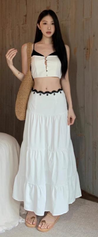 スカート レディース おしゃれ カジュアル セクシー コントラスト カラー 上下 女性 夏 ショート ボタン キャミソール レース へそ出し リゾート