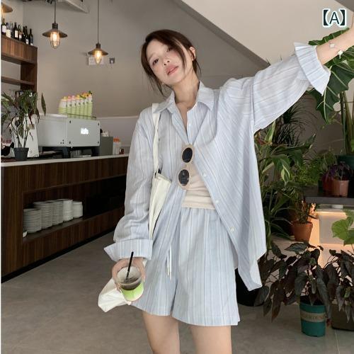 セットアップ ショートパンツ レディース 大人 おしゃれ カジュアル 韓国 ストライプ ルーズ シャツ ショーパン ツーピース 上下 女性 初秋