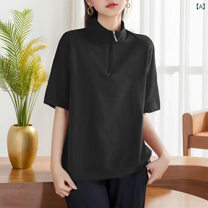 ハーフジップ 半袖 レディース 綿 夏 トップス 韓国 大きいサイズ ゆったり スタンドカラー 大人 カジュアル 無地 グレー ピンク 紫 シンプル