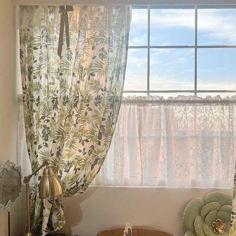 目隠し カーテン おしゃれ 柄 アメリカン 小さめ ボタニカル 突っ張り棒 フック クチナシ モダン ナチュラル シンプル 爽やか 緑 インテリア リビング 寝室