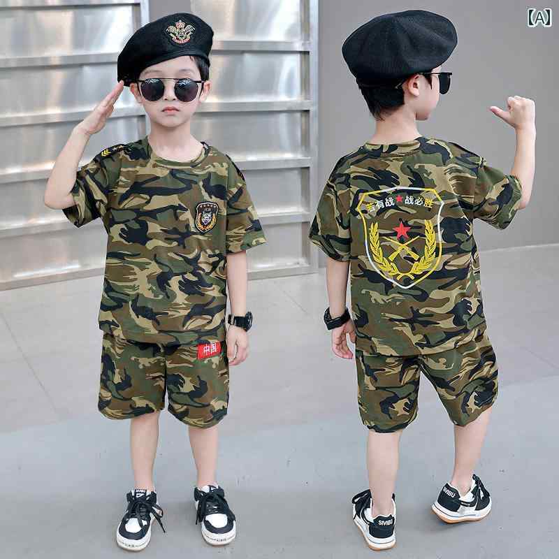 セットアップ 男の子 半袖 夏 迷彩 Tシャツ ショートパンツ ウエストゴム 薄手 幼児 小学生 特殊部隊 軍服 衣装 サマーキャンプ アウトドア 緑