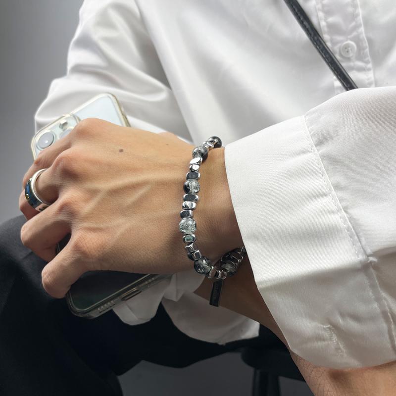 ブレスレット メンズ アクセサリー 小物 手首 おしゃれ シンプル チタン メッキ ビーズ ストーン チェーン カップル ペア お揃い 韓国
