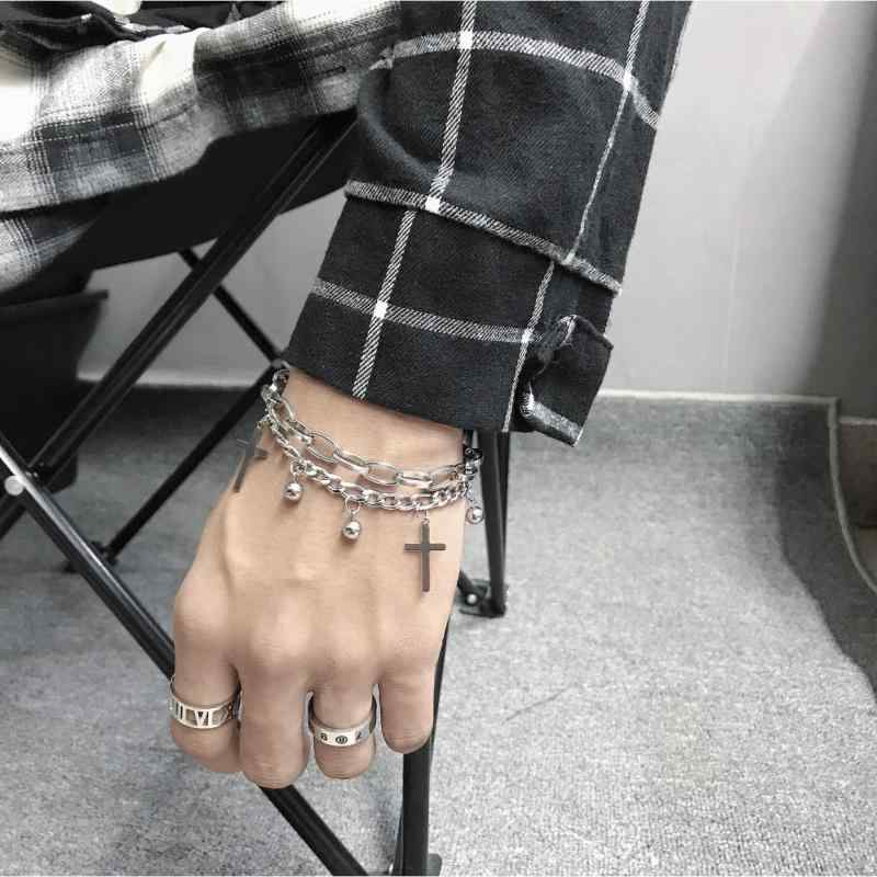 ブレスレット メンズ アクセサリー 小物 手首 おしゃれ シンプル チタン ビーズ 十字架 円形 チャーム チェーン 調整可能 レディース