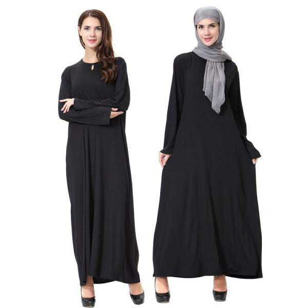 フロントップ楽天市場店のエスニック ファッション 大人 レディース 女性 シンプル 無地 モスリン 少数 シフォン ローブ ルーズ ゆったり 長袖 Aライン スカート ラウンドネック カジュアル ロング 黒|詳細画像