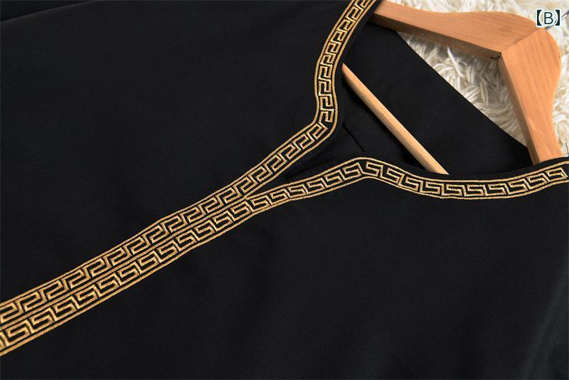 エスニック ファッション 大人 メンズ 男性 紳士 サウジアラビア 刺繍 ローブ ドバイ 王室 ルーズ ゆったり 大きいサイズ Vネック ロング 夏 白 黒