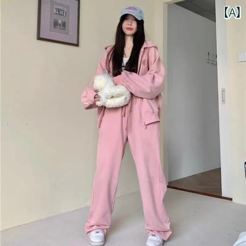 セットアップ ワイドパンツ レディース カジュアル おしゃれ 上下 長袖 パーカー カレッジ ピンク フード スウェット スウェット ゆったり スリム スポーツ 女性用 ツーピース 春秋
