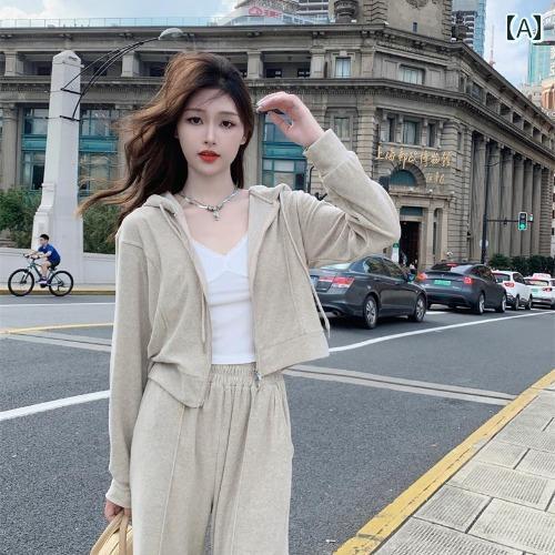 セットアップ パーカー 長袖 ワイドパンツ レディース カジュアル おしゃれ 上下 フード ショート スウェット ジップアップ ストレート ストリート 女性 秋