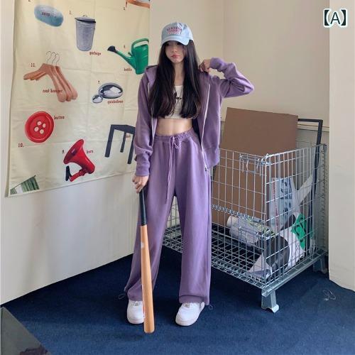 スウェット 上下 レディース ワイドパンツ おしゃれ カジュアル 長袖 韓国 フード パーカー ショート ジップアップ ハイウエスト ストレート 女性用 豪華 スポーツ＆ レジャー 春