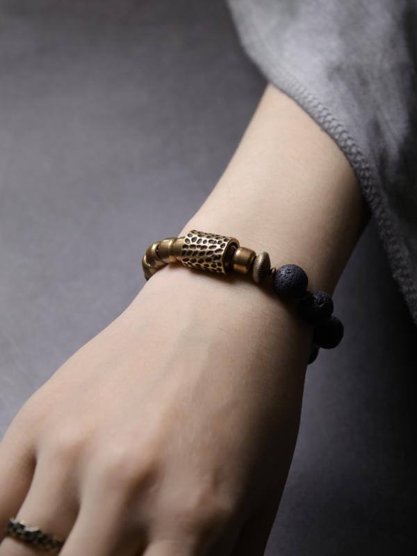 ブレスレット メンズ レディース 火山石 黄銅 ビーズ レトロ エスニック シンプル おしゃれ ペア カップル 小物 アクセサリー 誕生日 記念日 プレゼント