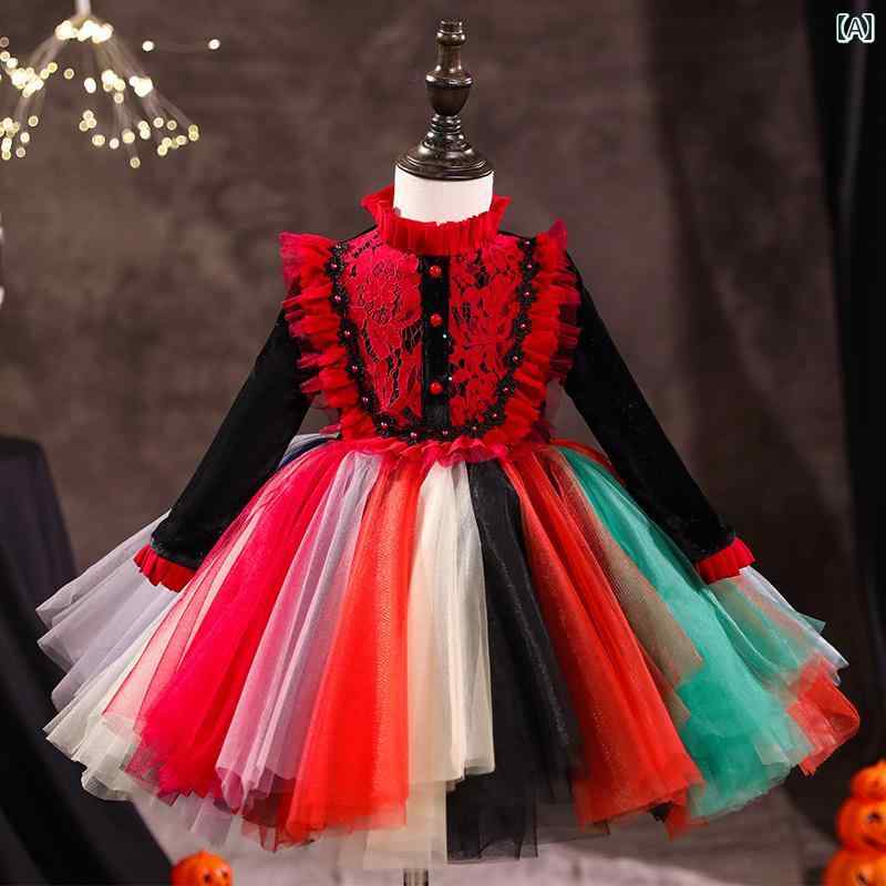 フロントップ楽天市場店のハロウィン コスプレ 子供 衣装 仮装 コスチューム 女の子 ドレス 魔女 プリンセス ワンピース 長袖 スカート イベント パーティー チュチュ レッド ブルー ブラック セット カチューシャ ティアラ ステッキ ポリエステル｜アングル2