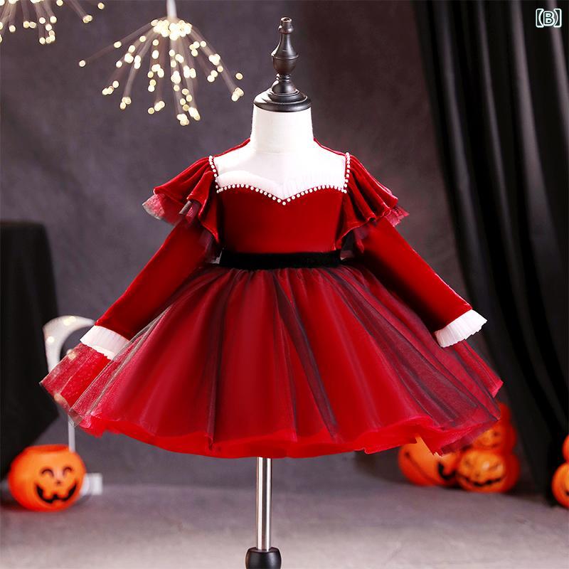 フロントップ楽天市場店のハロウィン コスプレ 子供 衣装 仮装 コスチューム 女の子 ドレス 魔女 プリンセス ワンピース 長袖 スカート イベント パーティー チュチュ レッド ブルー ブラック セット カチューシャ ティアラ ステッキ ポリエステル｜アングル3