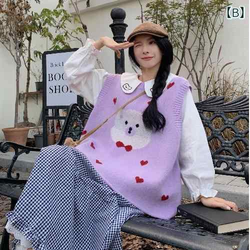 ベスト レディース 秋 かわいい カジュアル 甘い ゆったり レイヤード ベア 人形 襟 シャツ 女性 ツーピース