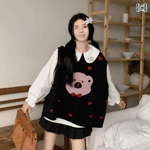 ベスト レディース 秋 かわいい カジュアル 甘い ゆったり レイヤード ベア 人形 襟 シャツ 女性 ツーピース