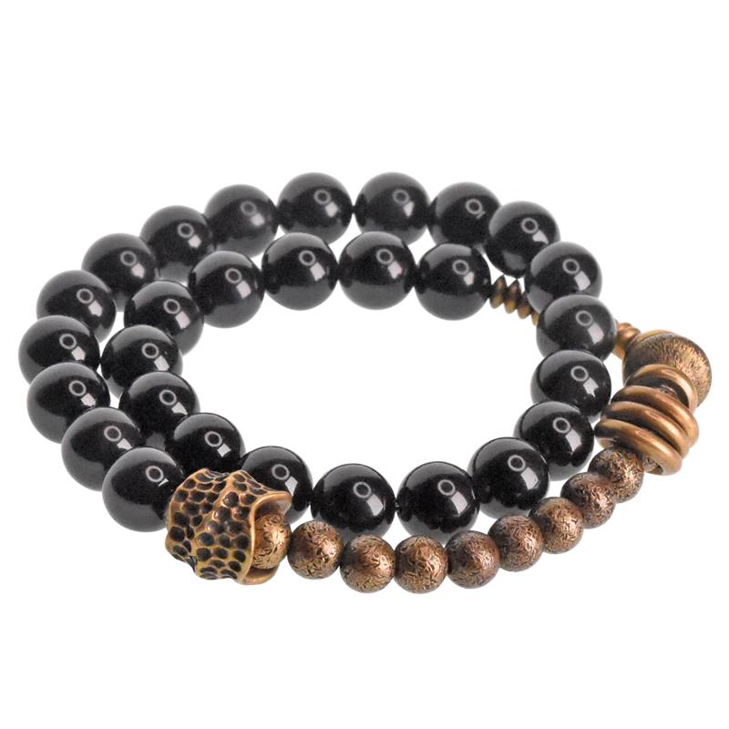 ブレスレット メンズ アクセサリー ユニセックス 黒曜石 パワーストーン ビーズ 真鍮 ゴム紐 伸縮性 2層 腕輪 装飾 小物 シンプル スタイリッシュ おしゃれ 黒