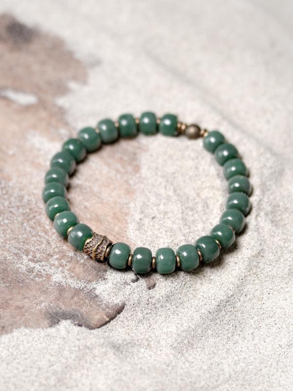 ブレスレット メンズ アクセサリー ユニセックス アンティーク調 エスニック風 アート玉 ビーズ 腕輪 装飾 小物 ゴム紐 伸縮性 ハンドメイド 個性的 カジュアル おしゃれ 緑