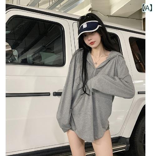 レディース ロンT オシャレ カジュアル ロンティー トップス 長袖 フライ ストリート フード パーカー 無地 女性 夏 軽量 通気性 ルーズ 日焼け防止