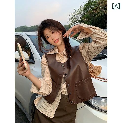 ベスト レディース 秋 かわいい カジュアル 韓国 レトロ レザー ジャケット ストライプ シャツ 前開き おしゃれ ツーピース ベスト レディース 秋 かわいい カジュアル 韓国 レトロ レザー ジャケット ストライプ シャツ 前開き おしゃれ ツーピース