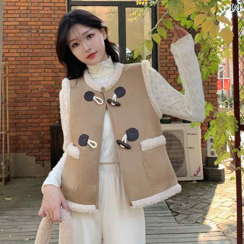 アウター ベスト レディース 秋 おしゃれ カジュアル ノースリーブ 冬 女性用 レトロ ホーン バックル ラム ベルベット 厚手 ショート ゆったりのサムネイル