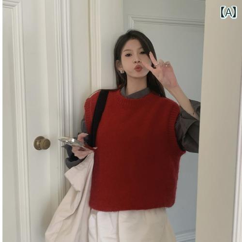 ベスト 赤 レディース 秋 かわいい カジュアル レトロ Vネック シャツ ウェア ストリート 春 女性 大人 ツーピース