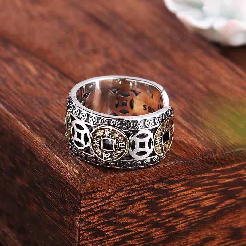 アクセサリー 指輪 メンズ シルバー925 オープン リング レトロ 個性的 中国 五帝銭 大ぶり 幸運 繁栄 フリーサイズ 調整可能 おしゃれ