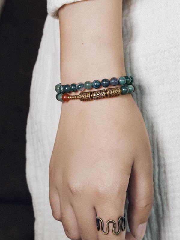 アクセサリー 手首 ユニセックス 水晶 メノウ 真鍮 ビーズ 二重巻き ブレスレット レトロ エスニック バングル ゴム紐 おしゃれ 普段使い