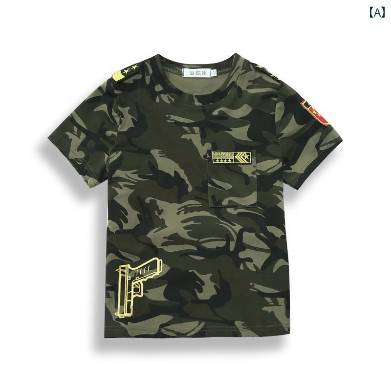 キッズ トップス 半袖 Tシャツ 夏 ジュニア ラウンドネック プリント ワッペン ズボン スポーツ レジャー 個性的 カジュアル 緑 迷彩柄