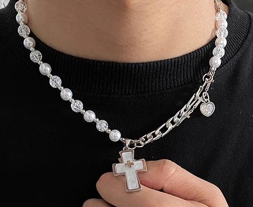 ネックレス メンズ レディース カップル アクセサリー 小物 鎖骨 チェーン チタン パール ストーン クロス ハート キラキラ カジュアル おしゃれ