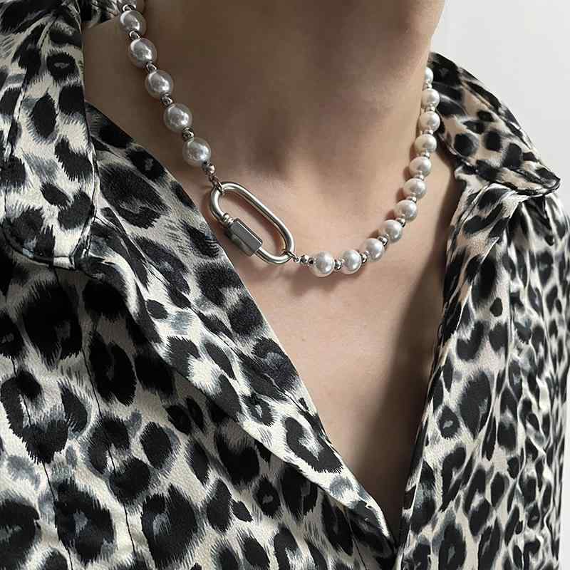 楽天フロントップ楽天市場店ネックレス メンズ アクセサリー 小物 チェーン チタン カラビナ パール 普段使い 旅行 ヒップホップ ストリート プレゼント おしゃれ カジュアル