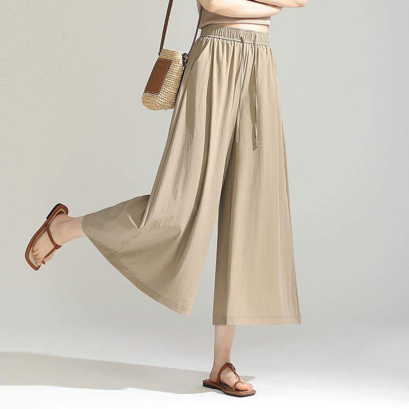 Nylon, Rayon, Polyester - ガウチョパンツ レディース ワイド きれいめ 夏 薄手 ひんやり 涼しい クロップド丈 ハイウエスト ゆったり ポリエステル 大きいサイズ カジュアル 30代 シンプル 黒 カーキ
