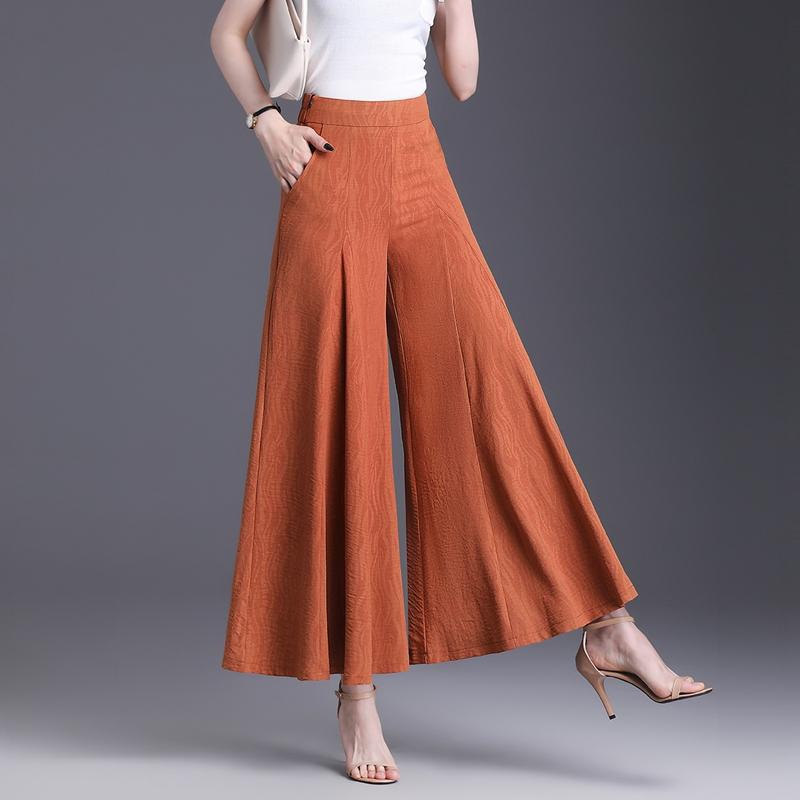 ガウチョパンツ レディース ワイド きれいめ 夏 薄手 ひんやり 涼しい リネン 9分丈 ハイウエスト 着痩せ ゆったり ドレープ サイドファスナー 大きいサイズ ポリエステル カーキ 黒 オレンジ