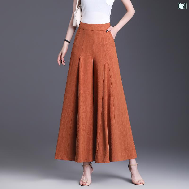 ガウチョパンツ レディース ワイド きれいめ 夏 薄手 ひんやり 涼しい リネン 9分丈 ハイウエスト 着痩せ ゆったり ドレープ サイドファスナー 大きいサイズ ポリエステル カーキ 黒 オレンジ