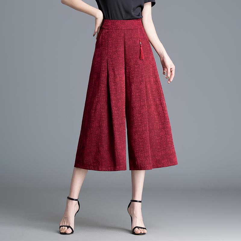 Nylon, Rayon, Polyester - ガウチョパンツ レディース ワイド きれいめ 夏 薄手 チャイナ風 ジャカード クロップド丈 ひんやり 涼しい ハイウエスト 着痩せ 大きいサイズ 40代 おしゃれ 赤 青 茶