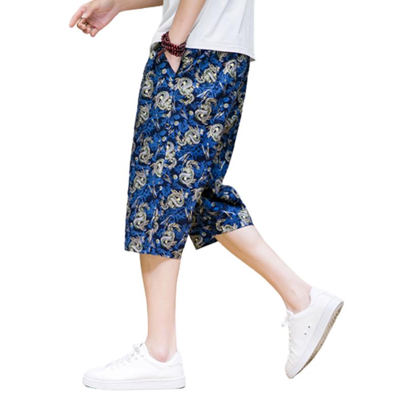 エスニック ハーフパンツ メンズ 柄パン 民族風 夏 薄手 大きいサイズ ゆったり ルーズフィット ビーチ リネン カジュアル チャイナ ドラゴン 膝下 青 紺