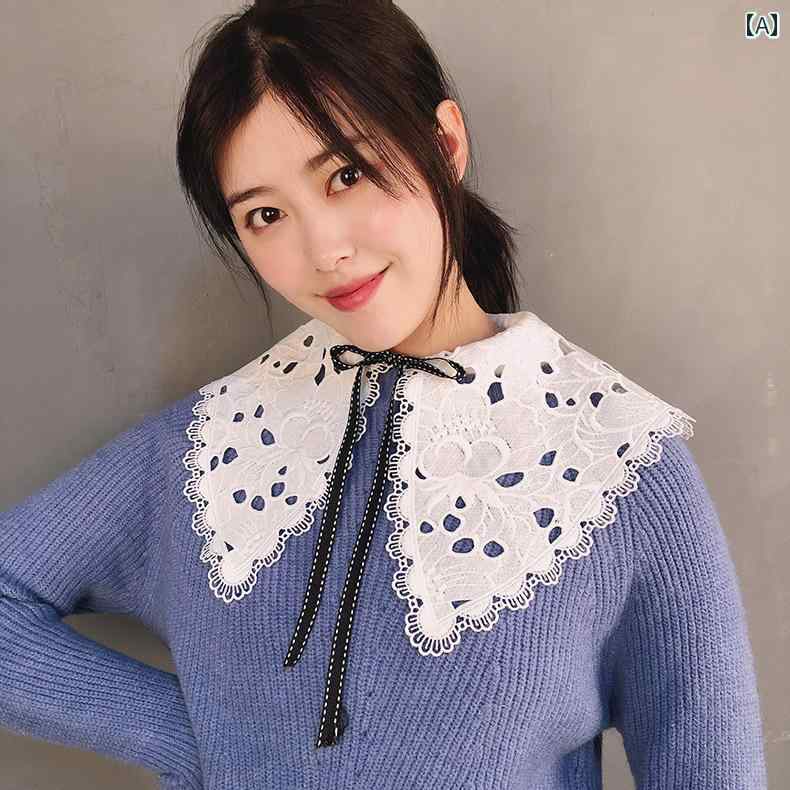 付け襟 レース レディース 大きめ 韓国 フェイクカラー 重ね着風 レイヤード リボン フェミニン ガーリー かわいい 小物 アクセサリー 花 白 黒