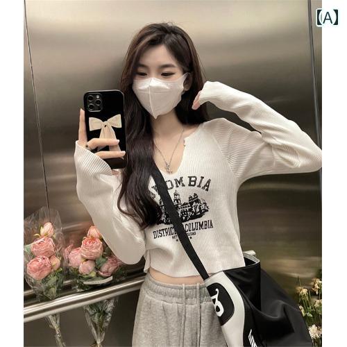 セーター レディース おしゃれ ゆったり 長袖 カジュアル トップス レター プリント Vネック プルオーバー 女性 春秋 薄手 スリム ショート へそ出し