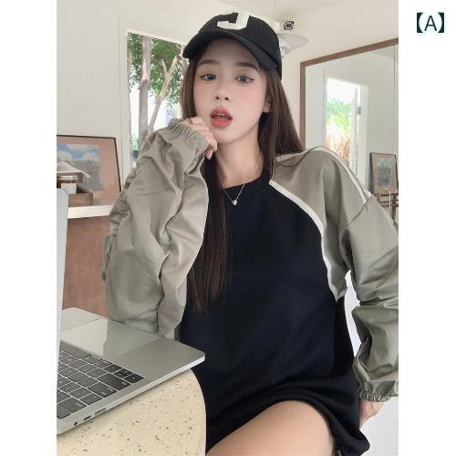 トレーナー レディース おしゃれ ゆったり オーバーサイズ カジュアル トップス ラウンドネック プリーツ ステッチ コントラスト ラグラン 長袖 スウェット 秋 ニッチ ルーズ ミドル丈 女性用