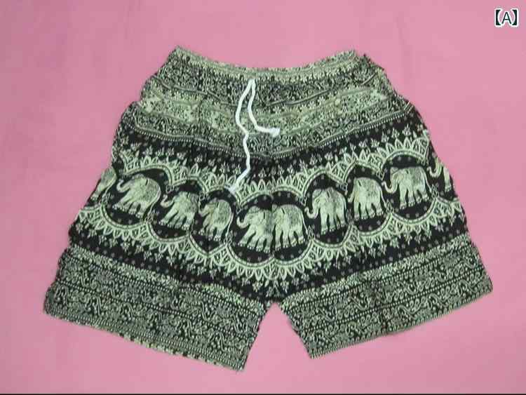 エスニック ハーフパンツ メンズ 柄パン 男女兼用 民族風 リゾート ビーチ 旅行用 夏 薄手 ボヘミアン おしゃれ カジュアル リラックス ワイドレッグ 象 黒 緑 赤