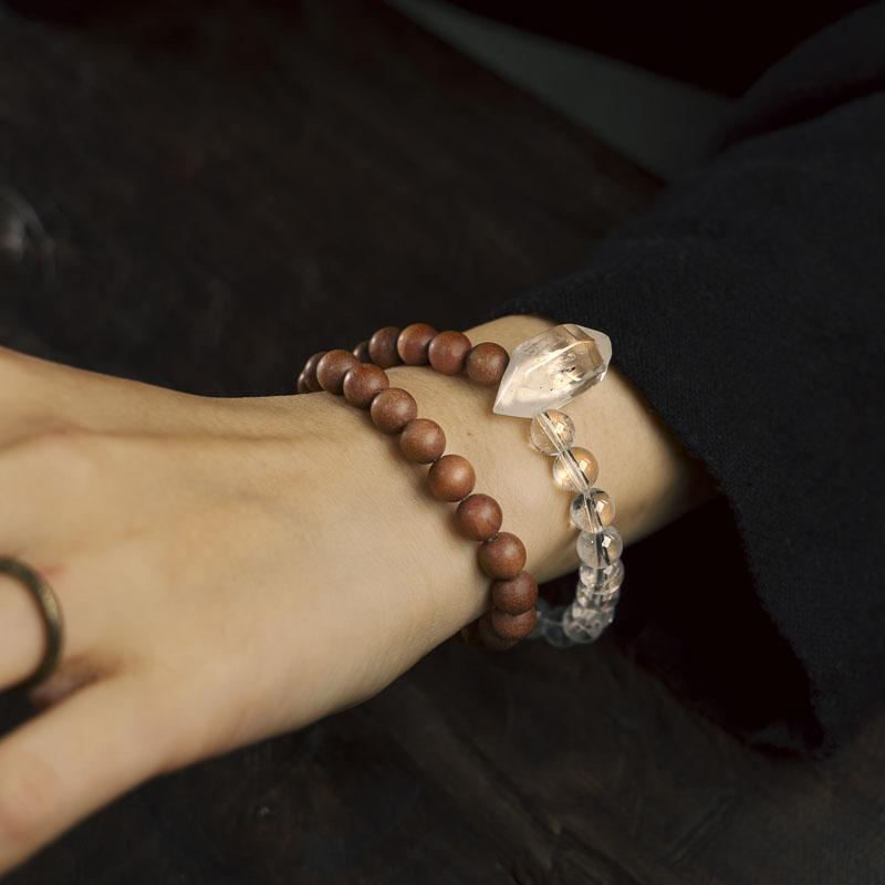 ブレスレット メンズ レディース ホワイトクリスタル サンダルウッド 木製ビーズ エスニック レトロ 二重巻き カジュアル 小物 アクセサリー 記念日 プレンゼント おしゃれ