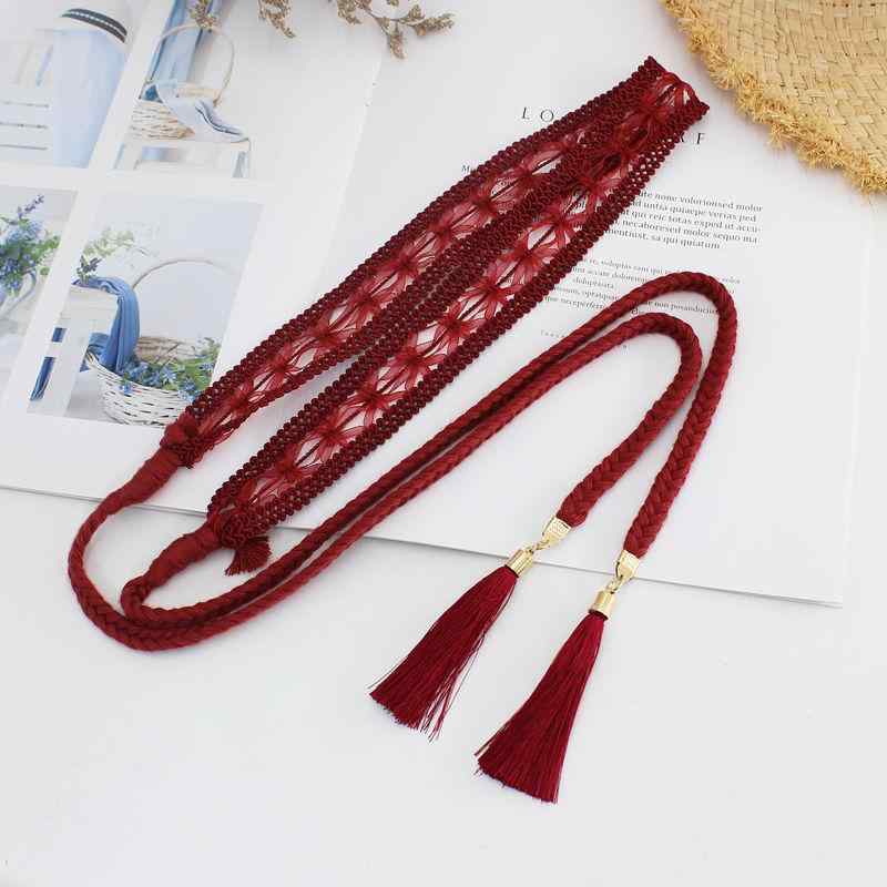 ベルト レディース おしゃれ 穴なし フリーサイズ シンプル 上品 フェミニン エスニック ミックス 組みひも タッセル 多用途 韓国 細い ウエストマーク 装飾 黒 グレー キャメル