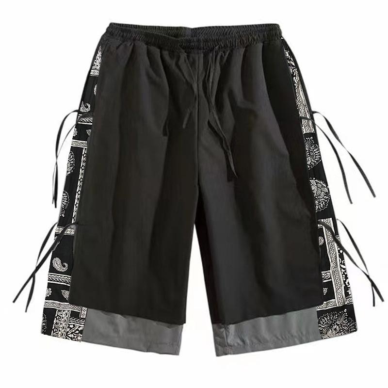 パンツ メンズ 柄 薄手 クロップド 夏 チャイナ風 リネン カジュアル 大きいサイズ 伸縮性 黒 ウエストゴム シンプル おしゃれ 普段使い