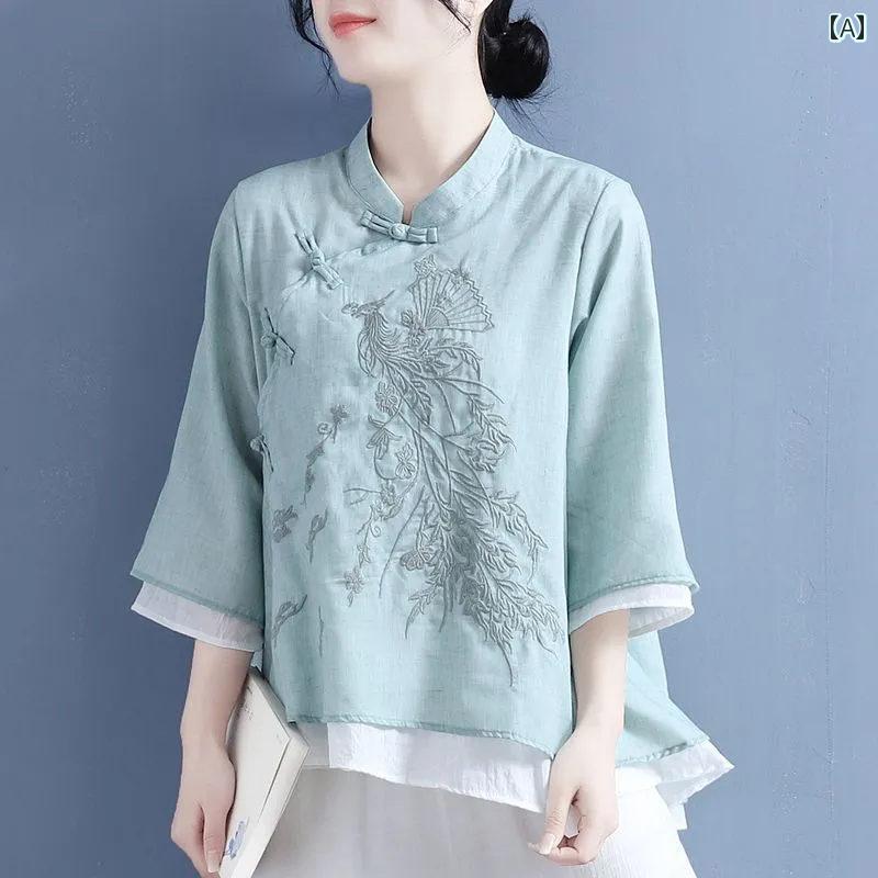 チャイナ 襟 シャツ レディース 柔らかい トップス レトロ 綿麻 刺繍 斜め ボタン 七分袖 春秋 薄手 禅 スタンドカラー 大きいサイズ 緑 ピンク 黄色