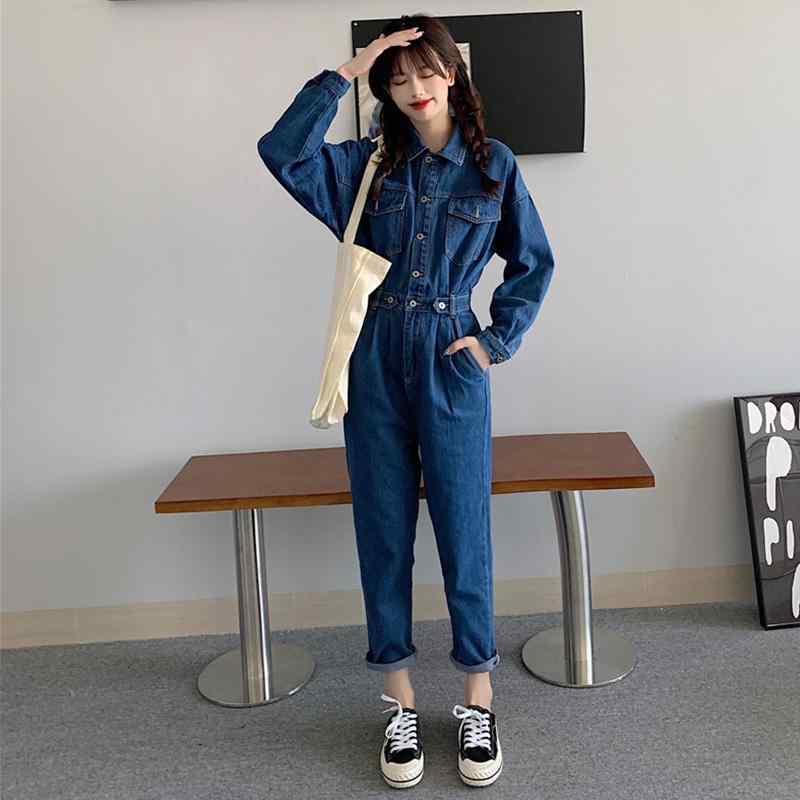 オールインワン レディース デニム 春秋 長袖 ロング丈 ポケット ボタン ハイウエスト 体型カバー ソフト 通気 つなぎ カジュアル シンプル 青 大きいサイズ