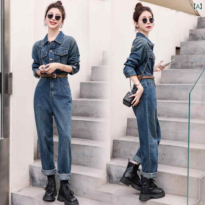 オールインワン レディース デニム 春秋 綿 長袖 ロング丈 ポケット ボタン ベルト スリム フィット ハイウエスト ストレート ソフト 通気 つなぎ カジュアル レトロ シンプル