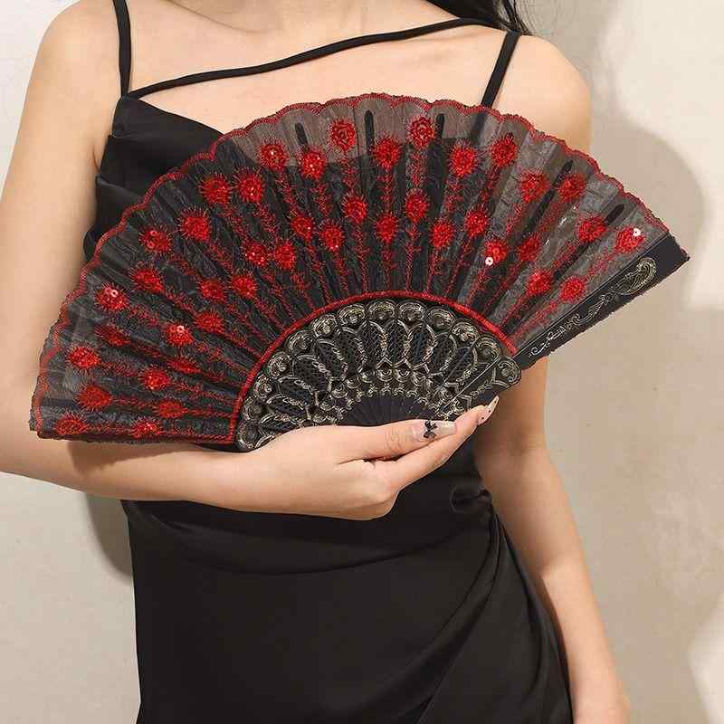 扇子 レディース レース エレガント 小物 雑貨 普段使い プラスチック ダンス 小道具 ゴージャス ステージ レトロ 花柄 おしゃれ 赤 白 黒
