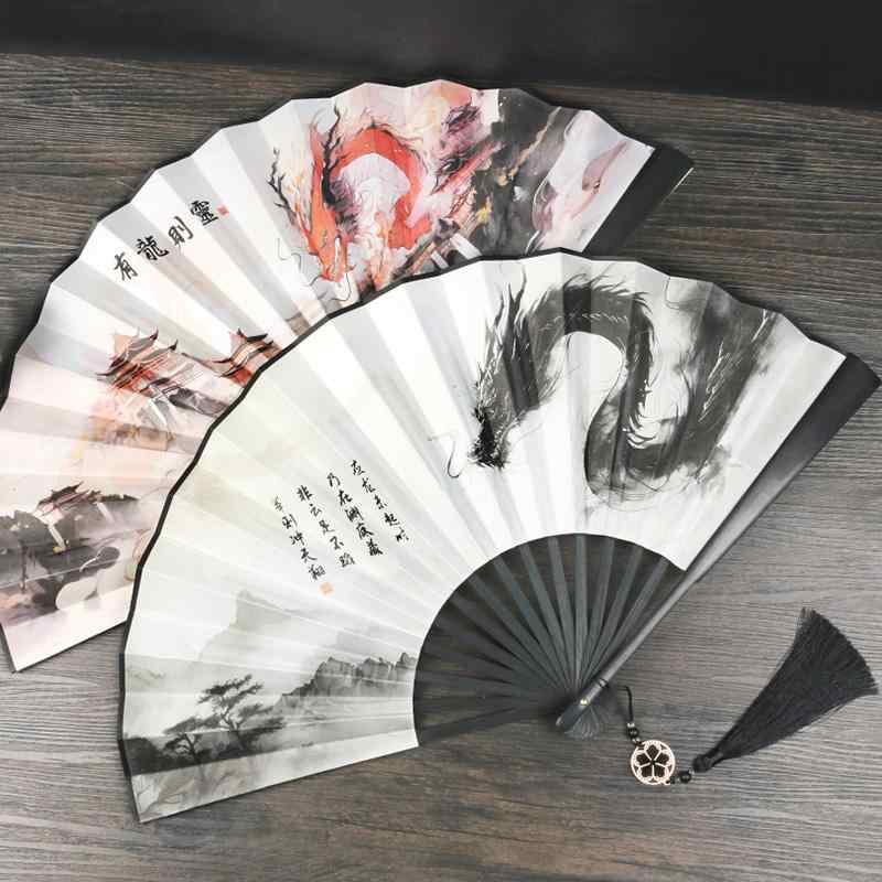 扇子 メンズ 春夏 竹製 チャイナ風 レトロ モダン ポータブル 小物 雑貨 上品 普段使い 浴衣 着物 コスプレ 衣装 小道具 タッセル おしゃれ 柄プリント 龍