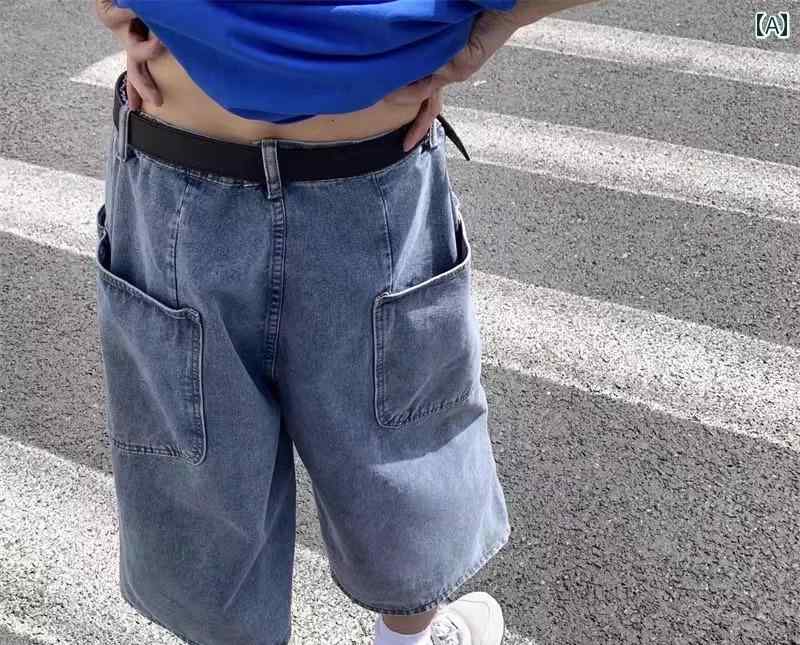 ゆったり ストレート デニムパンツ メンズ ワイド ワークウェア 夏 薄手 ステッチ 大きいサイズ クロップド ジップアップ ポリエステル 耐摩耗性 カジュアル アメリカン 普段使い おしゃれ